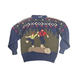 J.G. Hook Vintage 90s Lumberjack Log Rolling Grandpa Sweater Blue Ramie Cotton L